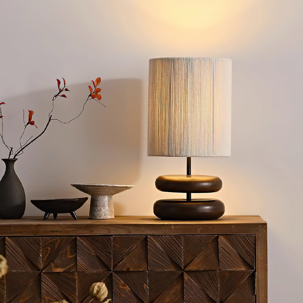 Table Lamp 15.7 Inches Wood Base Woven Hemp Rope Shade