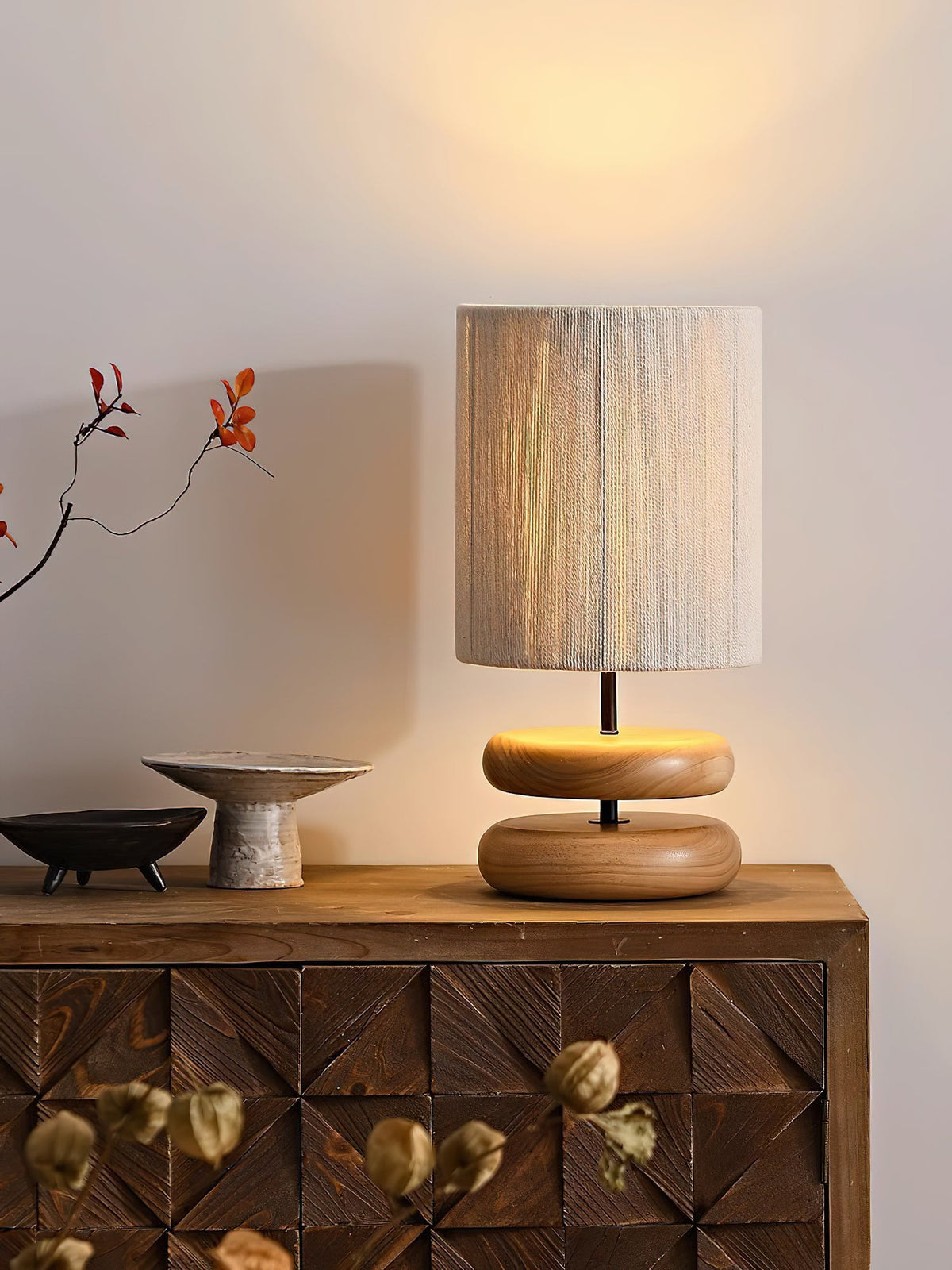 Table Lamp 15.7 Inches Wood Base Woven Hemp Rope Shade