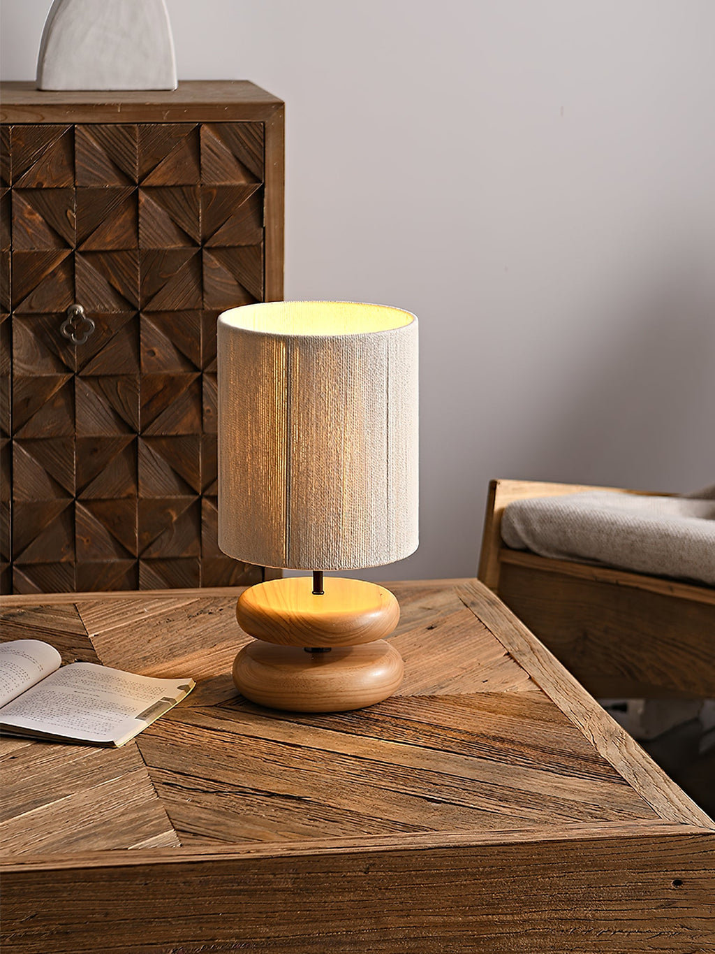Table Lamp 15.7 Inches Wood Base Woven Hemp Rope Shade