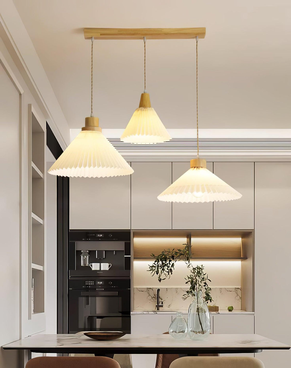 Pendant Light 4 Sizes Pleated Paper Shade Wood Cap