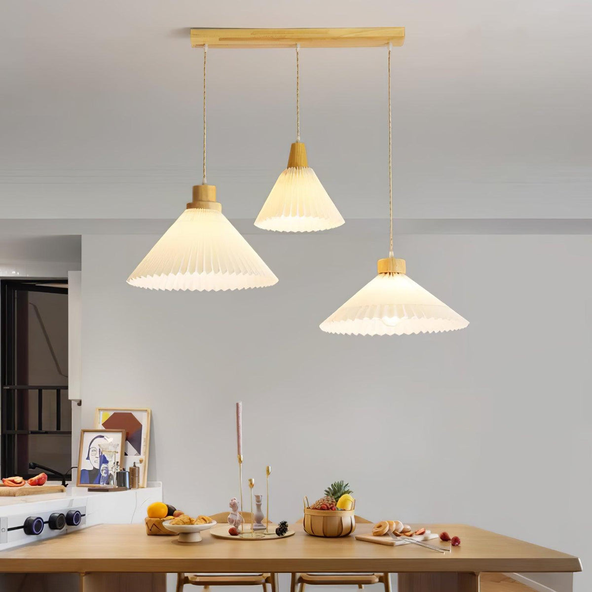 Pendant Light 4 Sizes Pleated Paper Shade Wood Cap