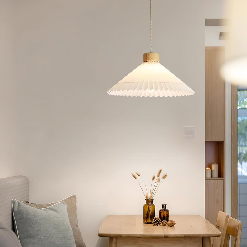 Pendant Light 4 Sizes Pleated Paper Shade Wood Cap