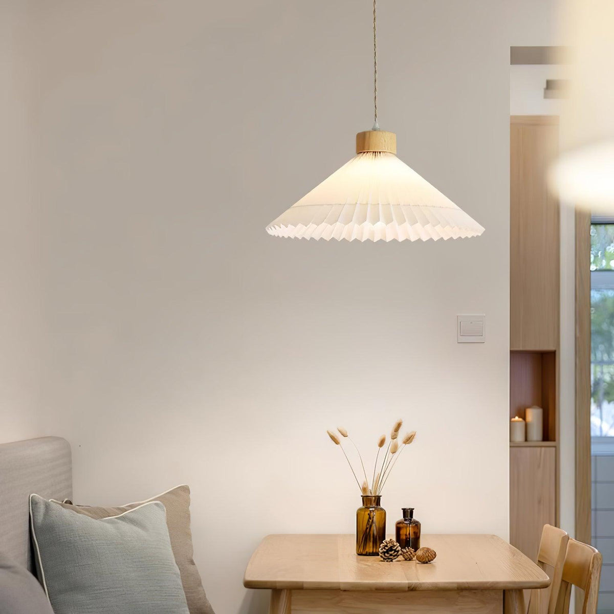 Pendant Light 4 Sizes Pleated Paper Shade Wood Cap