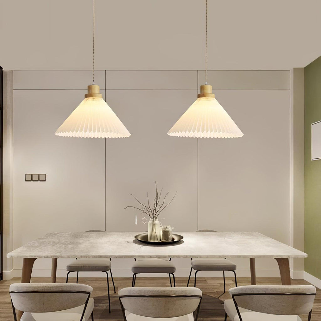Pendant Light 4 Sizes Pleated Paper Shade Wood Cap