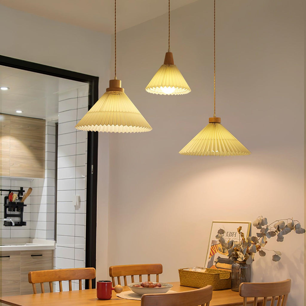 Pendant Light 4 Sizes Pleated Paper Shade Wood Cap