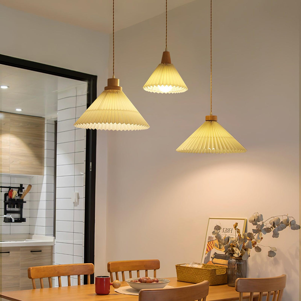Pendant Light 4 Sizes Pleated Paper Shade Wood Cap