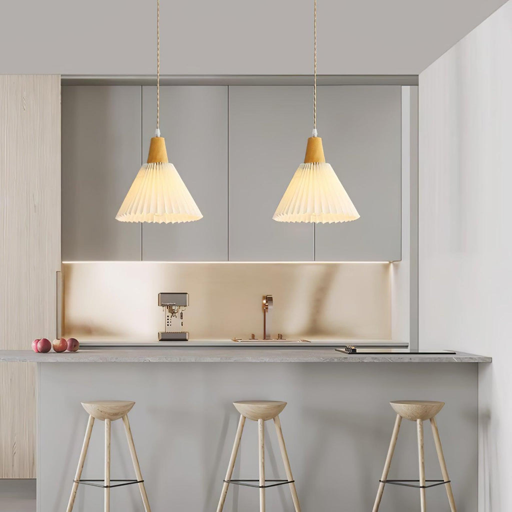 Pendant Light 4 Sizes Pleated Paper Shade Wood Cap