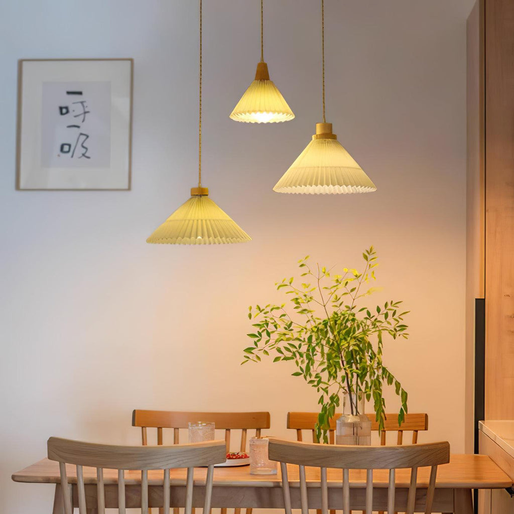 Pendant Light 4 Sizes Pleated Paper Shade Wood Cap