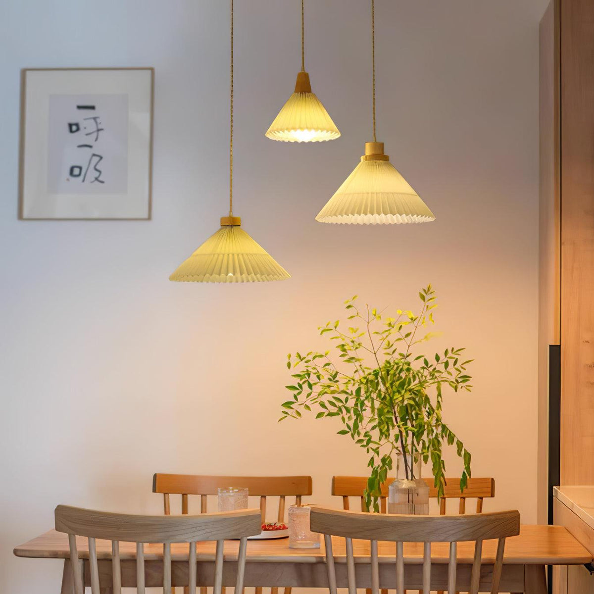 Pendant Light 4 Sizes Pleated Paper Shade Wood Cap