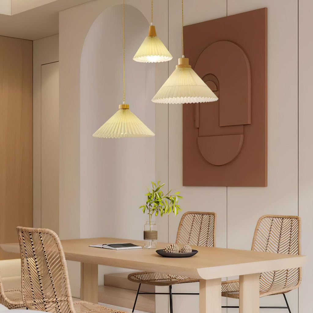 Pendant Light 4 Sizes Pleated Paper Shade Wood Cap