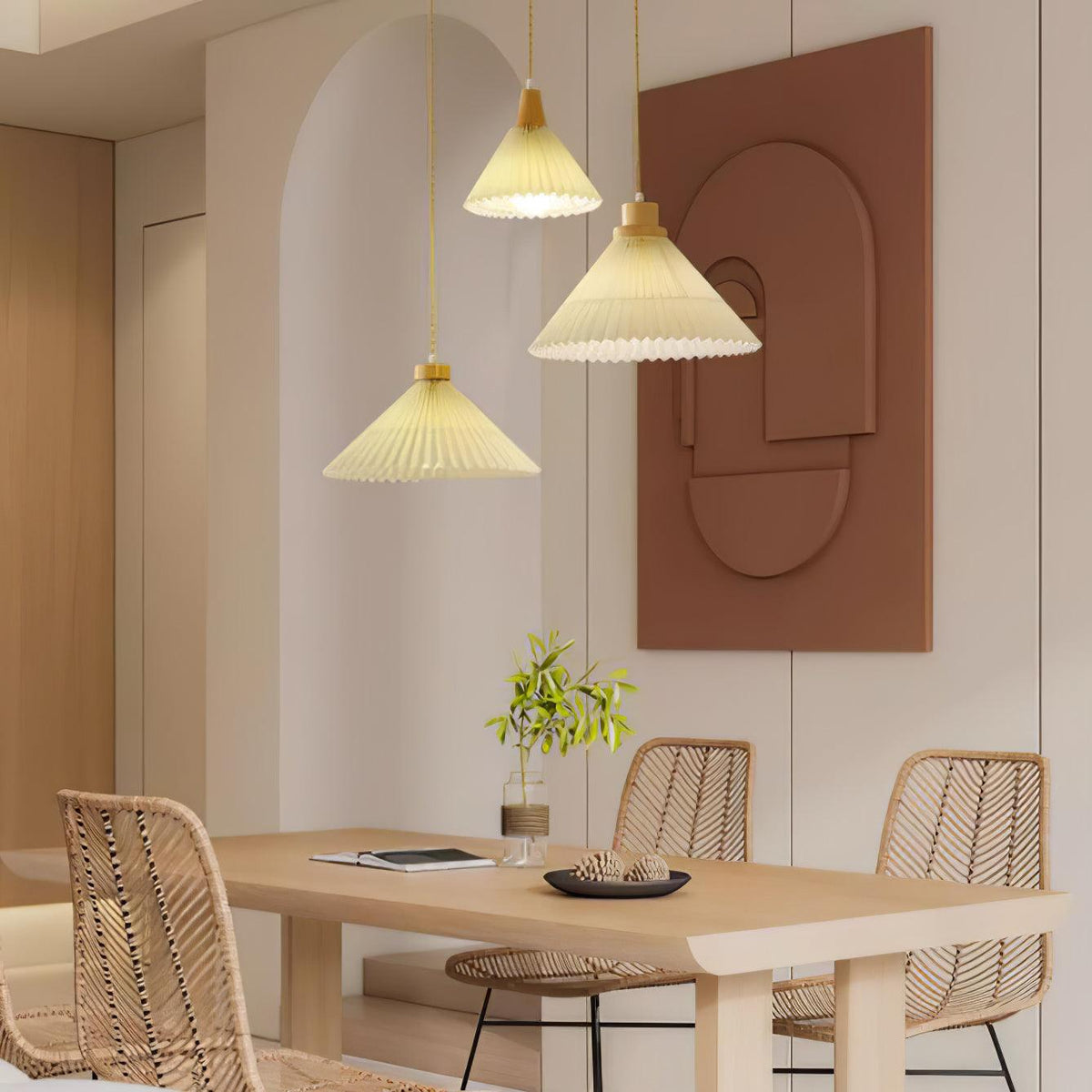 Pendant Light 4 Sizes Pleated Paper Shade Wood Cap