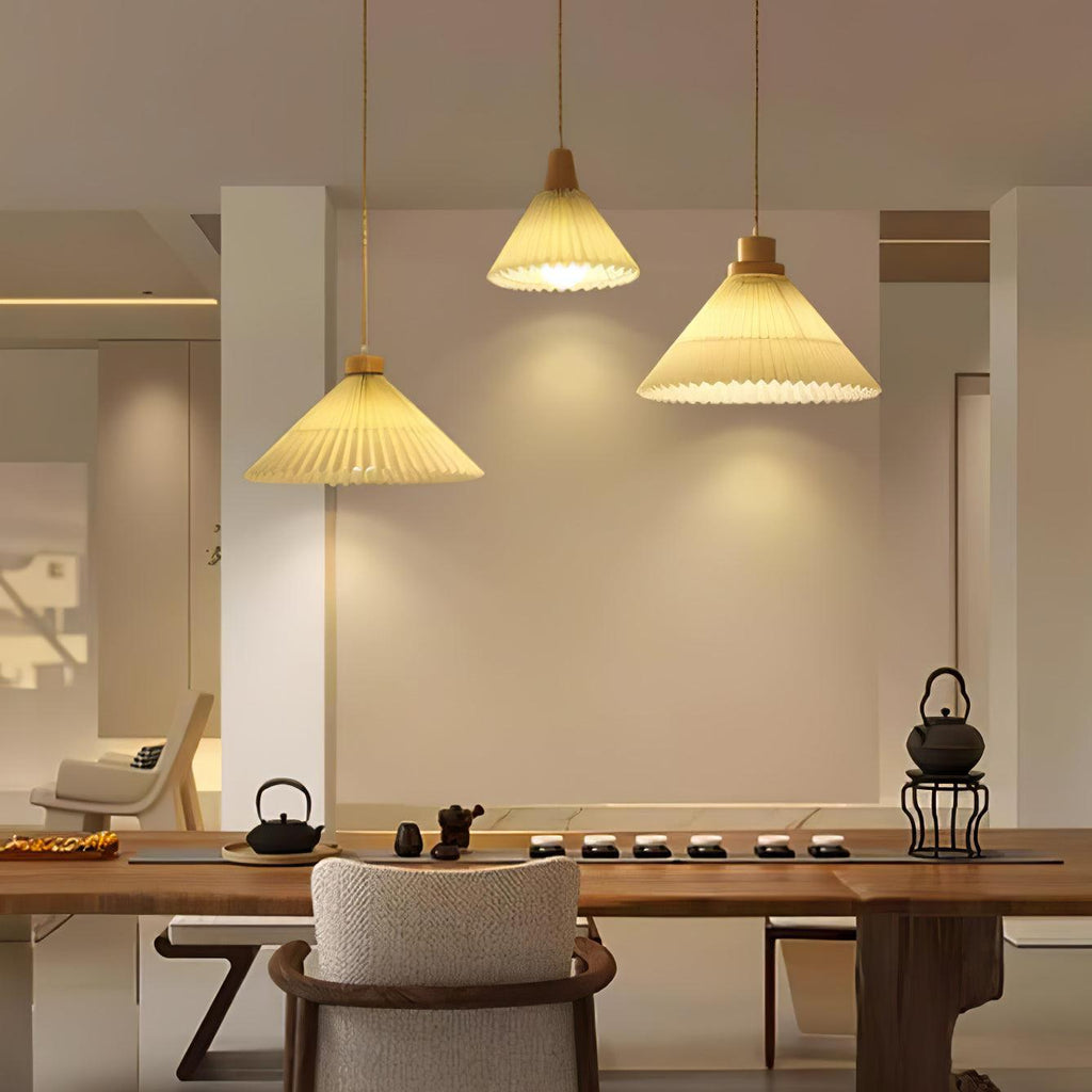 Pendant Light 4 Sizes Pleated Paper Shade Wood Cap