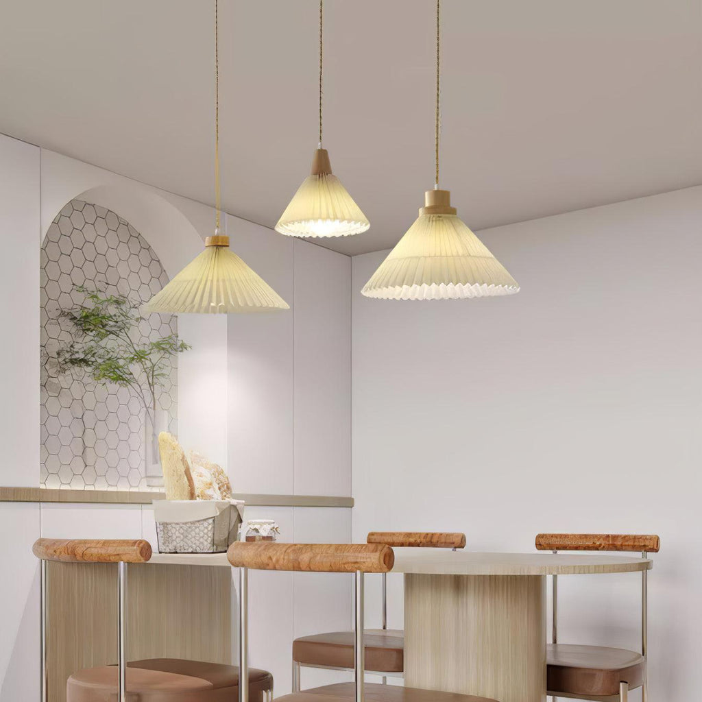 Pendant Light 4 Sizes Pleated Paper Shade Wood Cap