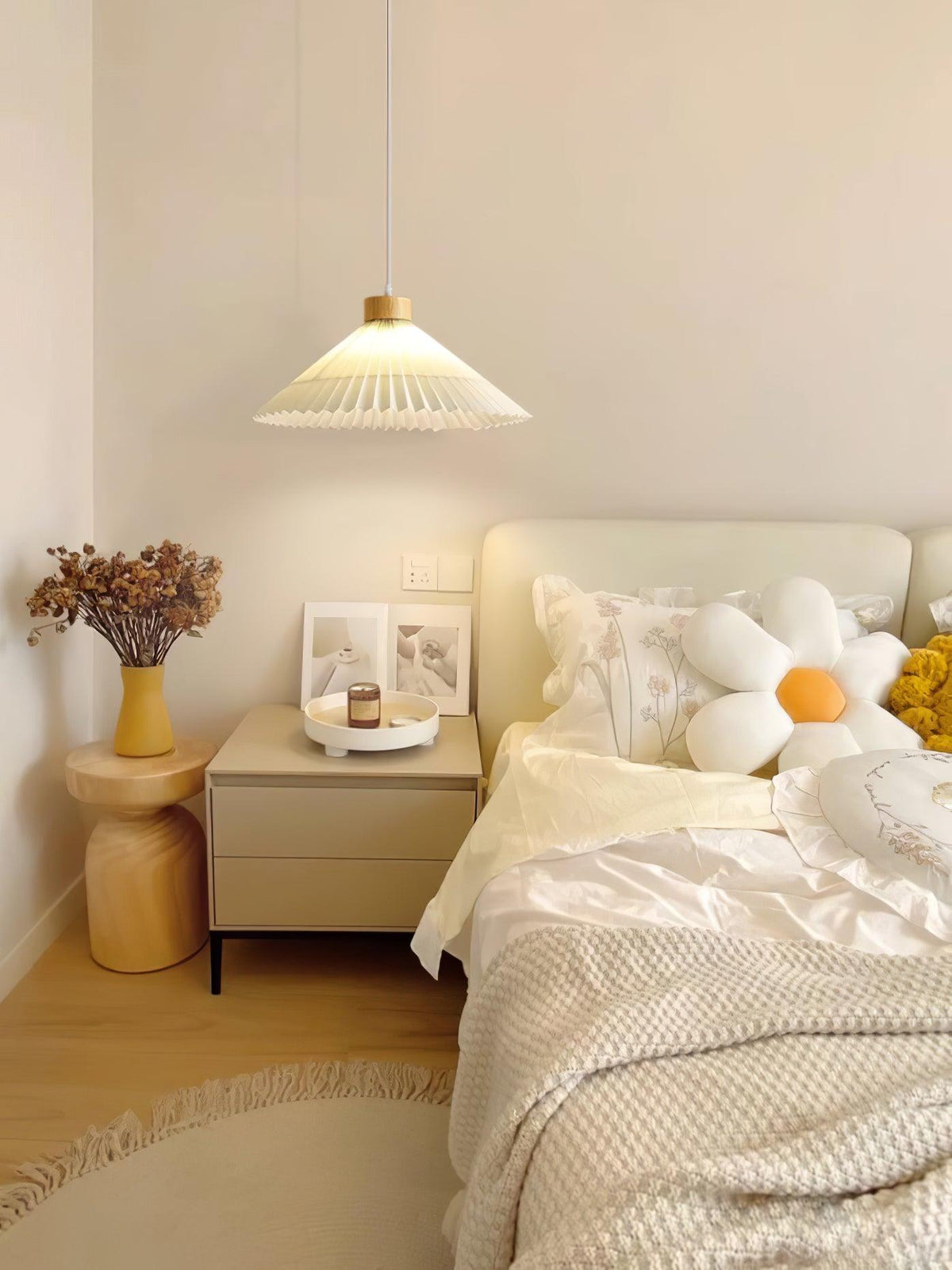 Pendant Light 4 Sizes Pleated Paper Shade Wood Cap