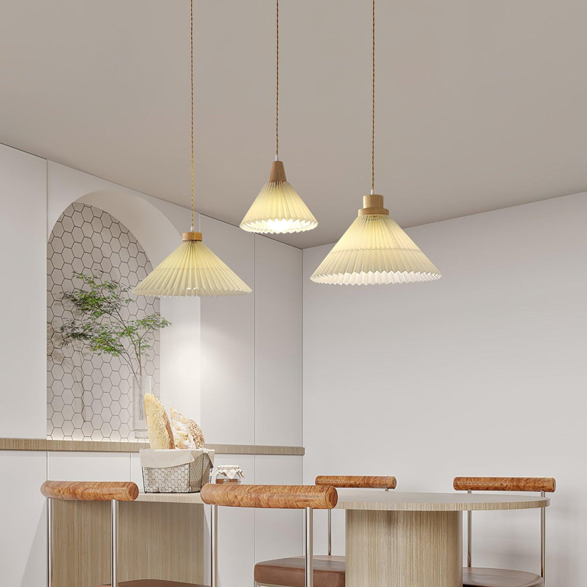 Pendant Light 4 Sizes Pleated Paper Shade Wood Cap