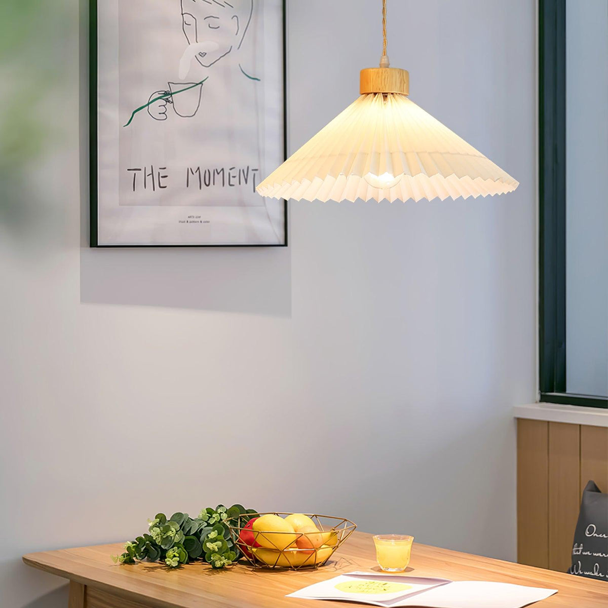 Pendant Light 4 Sizes Pleated Paper Shade Wood Cap