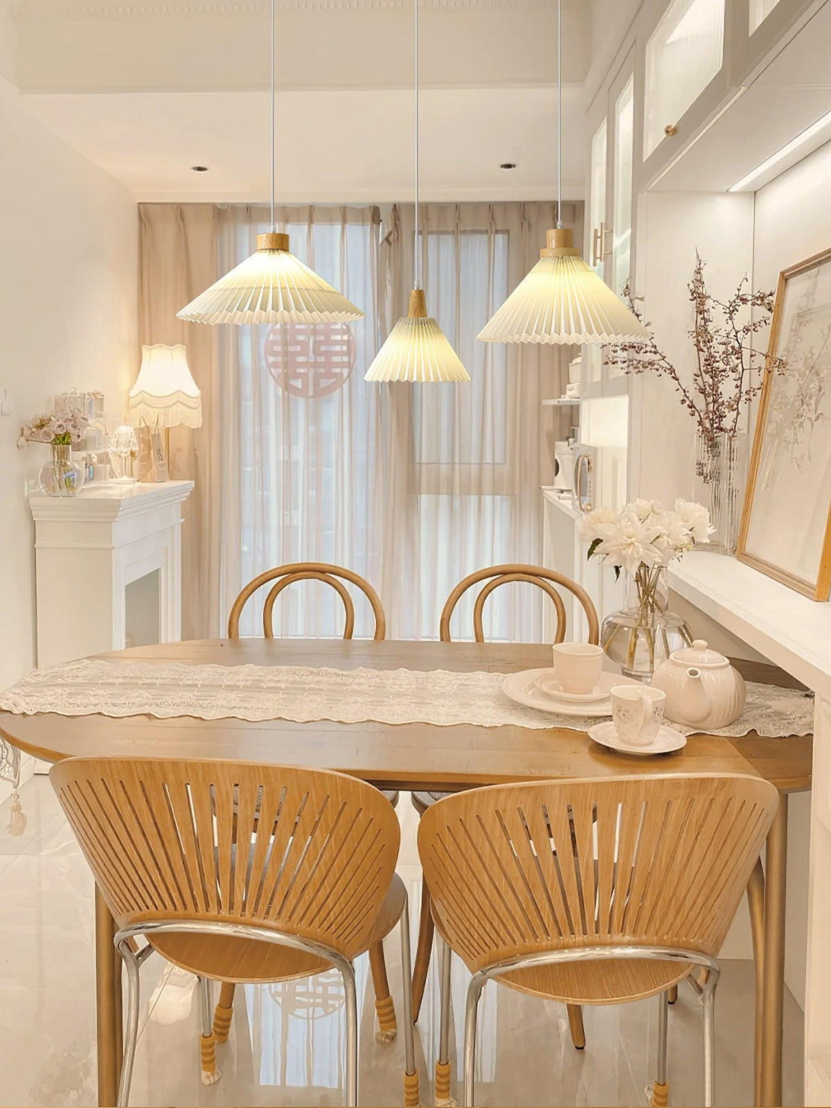 Pendant Light 4 Sizes Pleated Paper Shade Wood Cap