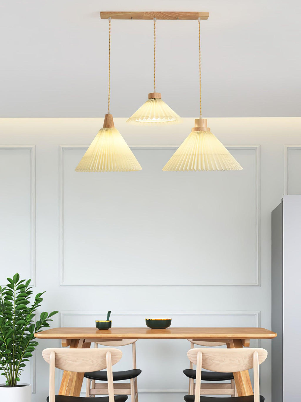 Pendant Light 4 Sizes Pleated Paper Shade Wood Cap