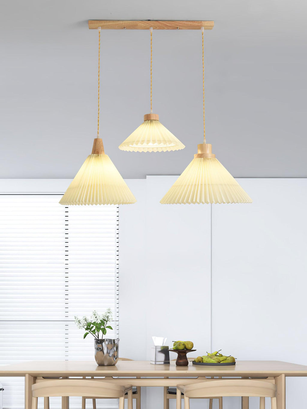 Pendant Light 4 Sizes Pleated Paper Shade Wood Cap