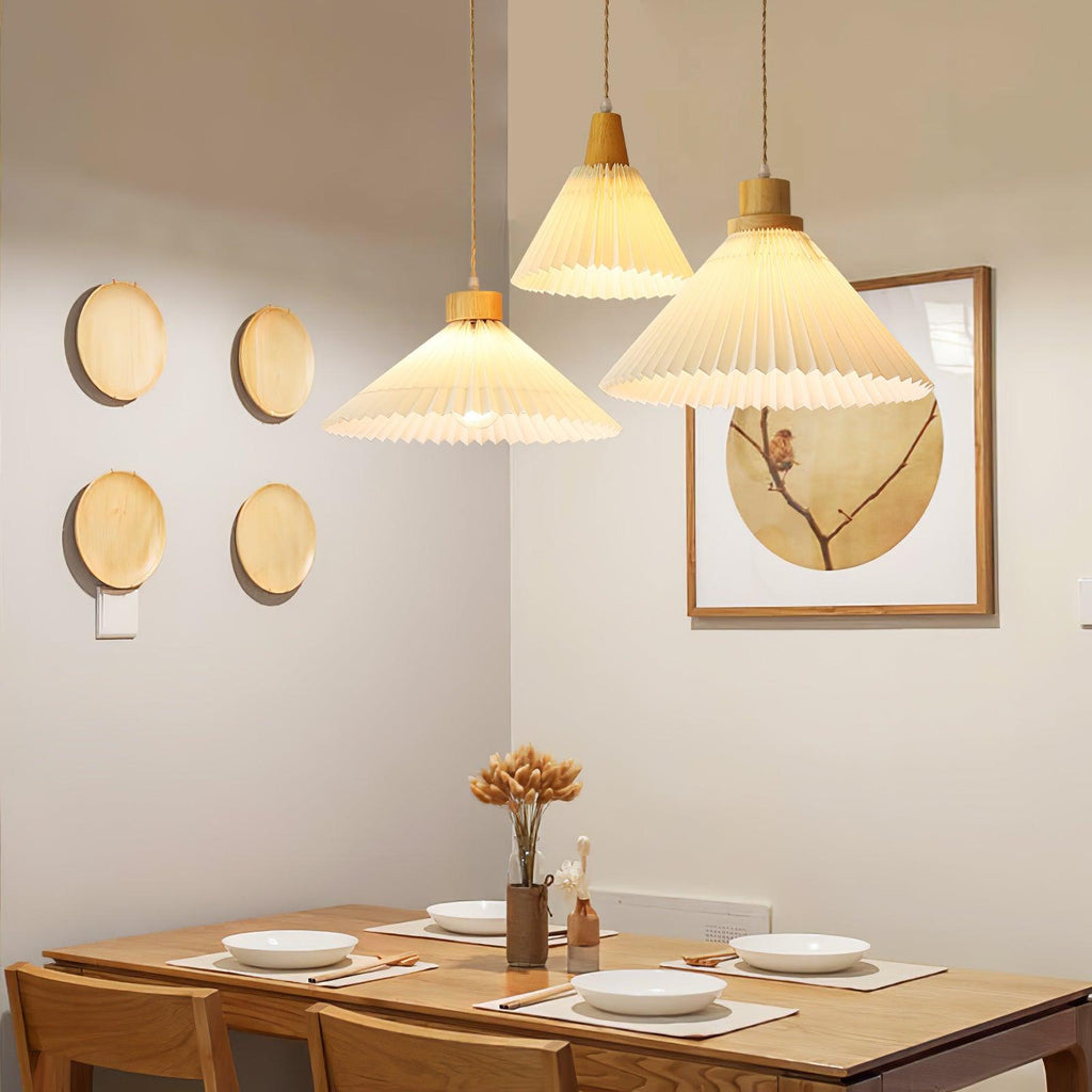 Pendant Light 4 Sizes Pleated Paper Shade Wood Cap
