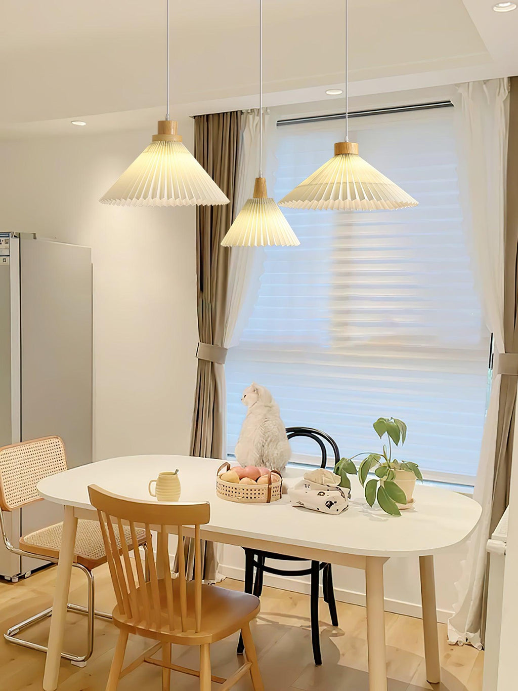 Pendant Light 4 Sizes Pleated Paper Shade Wood Cap