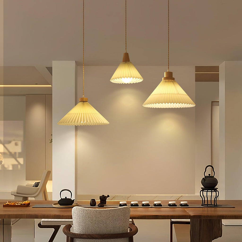 Pendant Light 4 Sizes Pleated Paper Shade Wood Cap