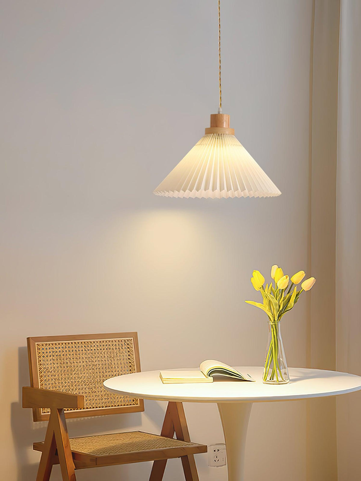 Pendant Light 4 Sizes Pleated Paper Shade Wood Cap