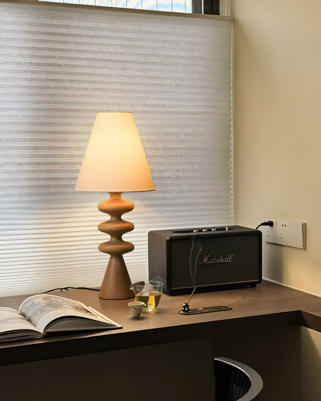 Table Lamp 19.7 Inches Ripple Carved Wood Base Fabric Shade