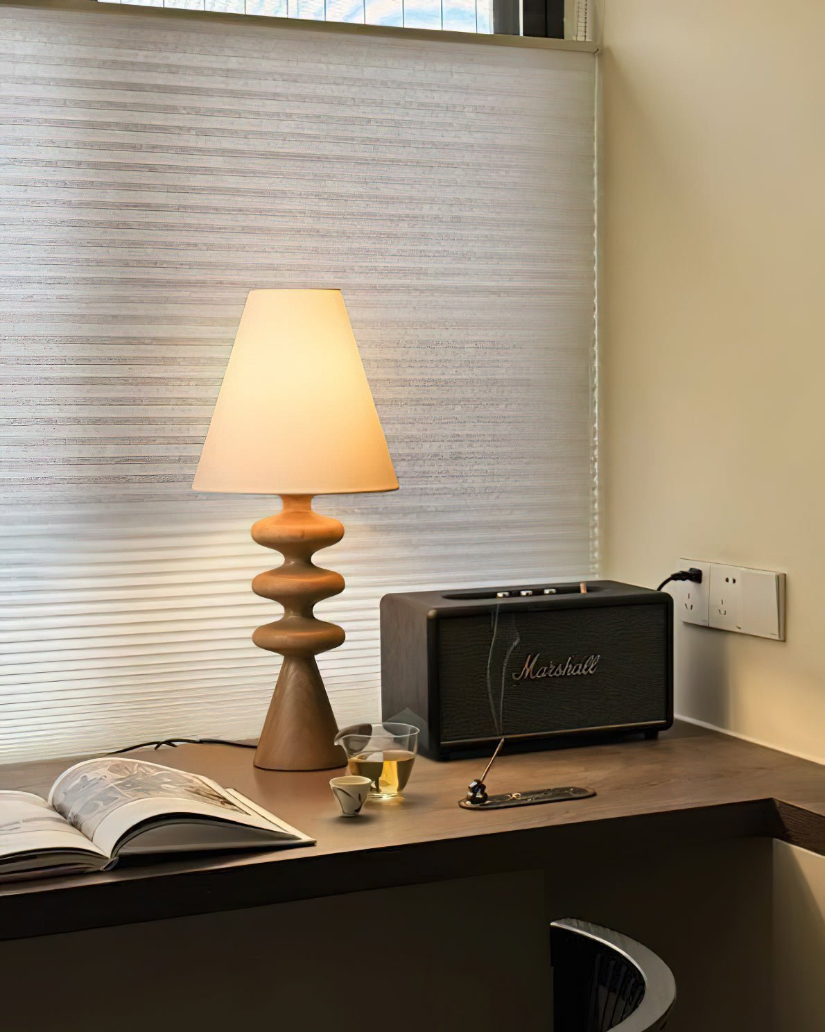 Table Lamp 19.7 Inches Ripple Carved Wood Base Fabric Shade