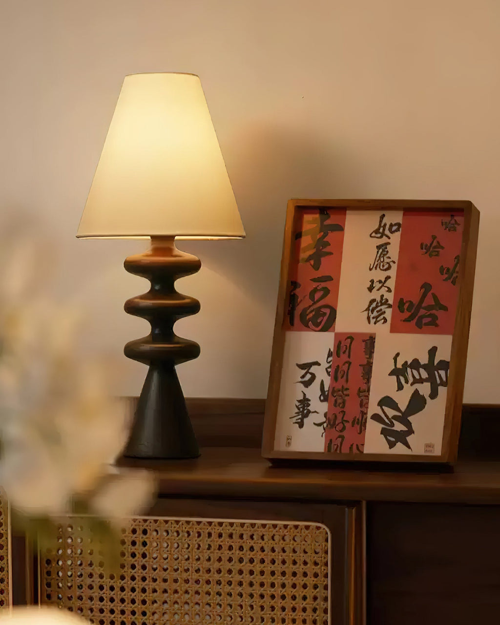 Table Lamp 19.7 Inches Ripple Carved Wood Base Fabric Shade