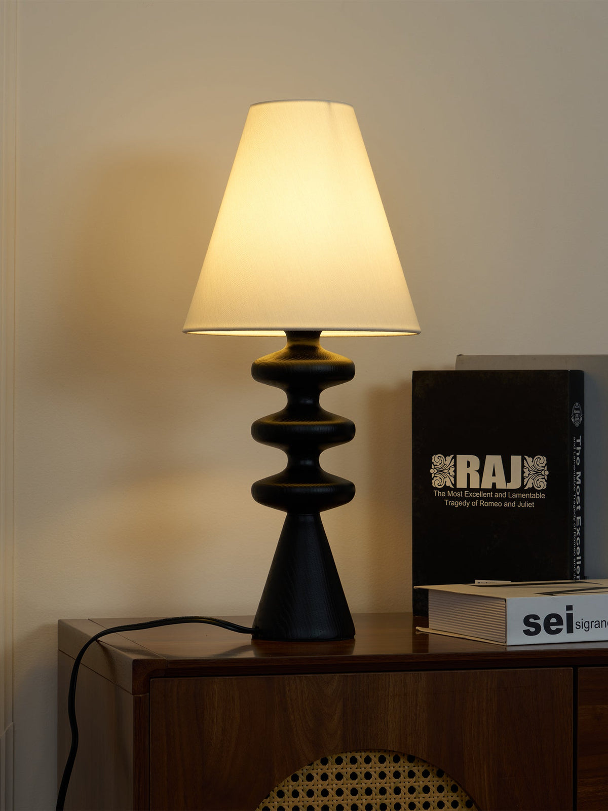Table Lamp 19.7 Inches Ripple Carved Wood Base Fabric Shade