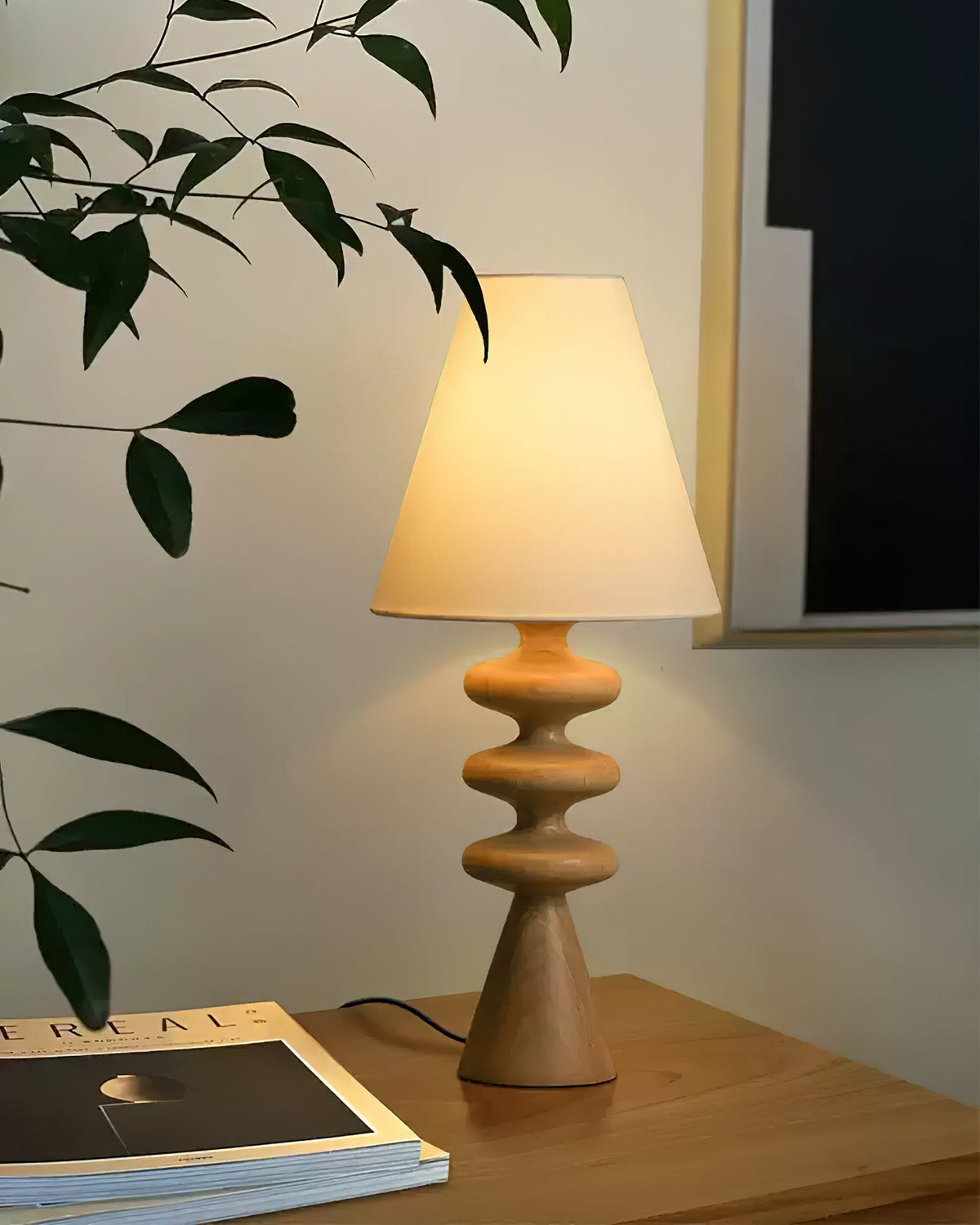 Table Lamp 19.7 Inches Ripple Carved Wood Base Fabric Shade