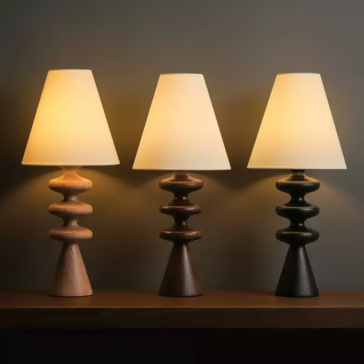 Table Lamp 19.7 Inches Ripple Carved Wood Base Fabric Shade