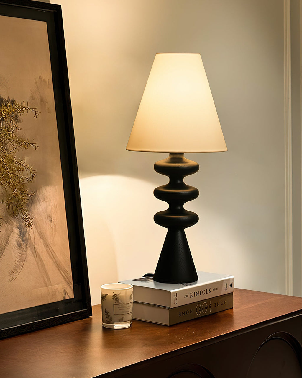 Table Lamp 19.7 Inches Ripple Carved Wood Base Fabric Shade