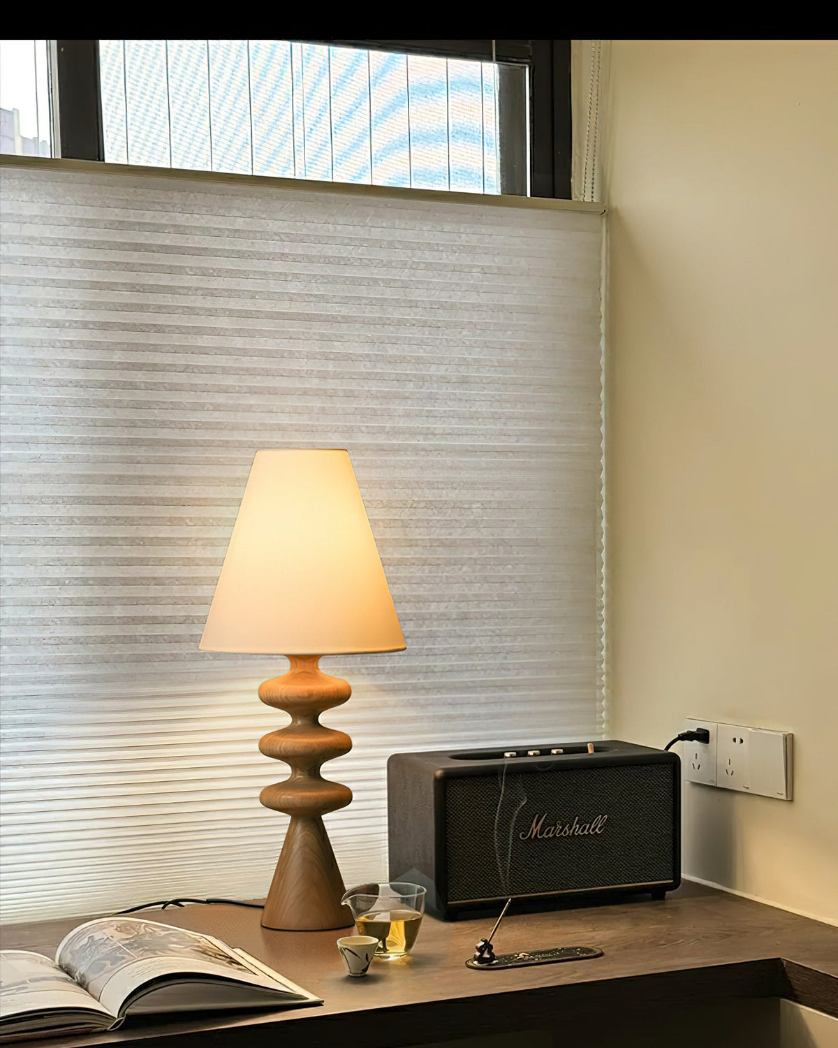 Table Lamp 19.7 Inches Ripple Carved Wood Base Fabric Shade