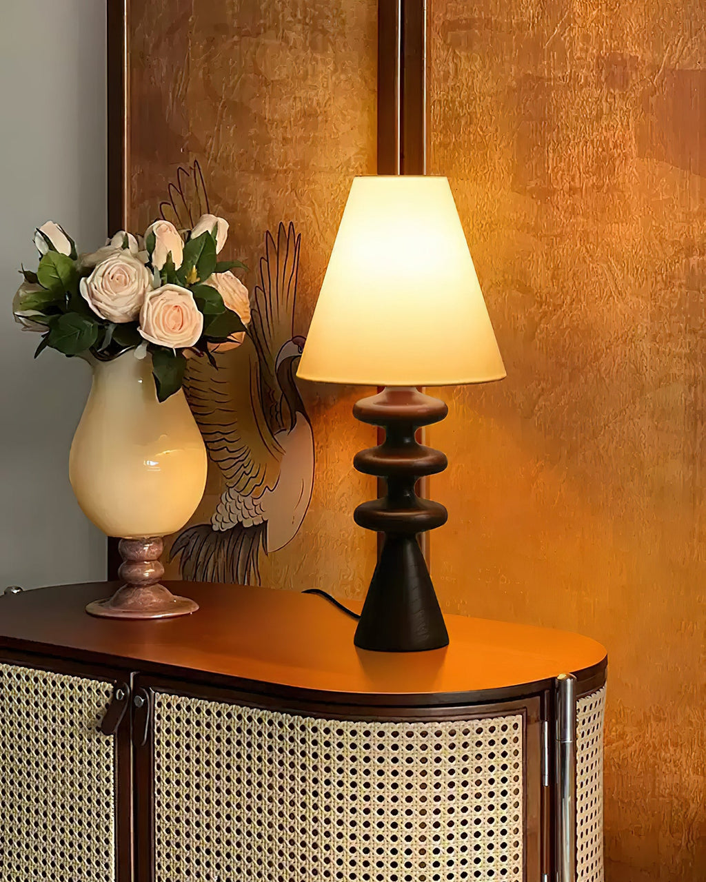 Table Lamp 19.7 Inches Ripple Carved Wood Base Fabric Shade
