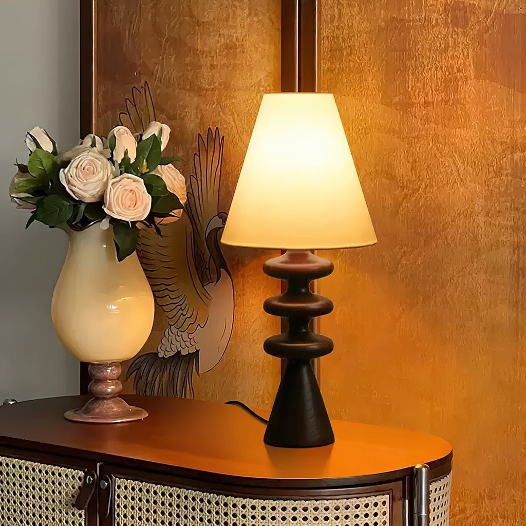 Table Lamp 19.7 Inches Ripple Carved Wood Base Fabric Shade