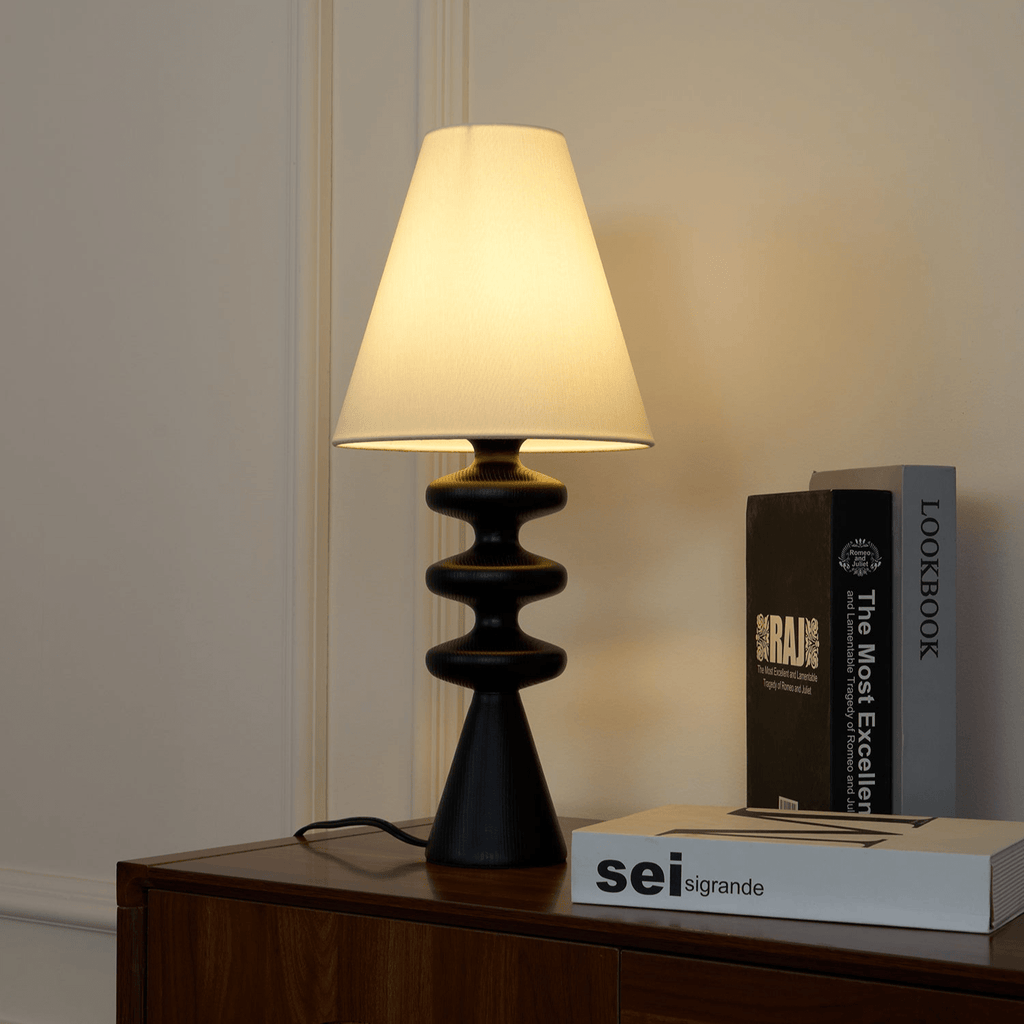 Table Lamp 19.7 Inches Ripple Carved Wood Base Fabric Shade