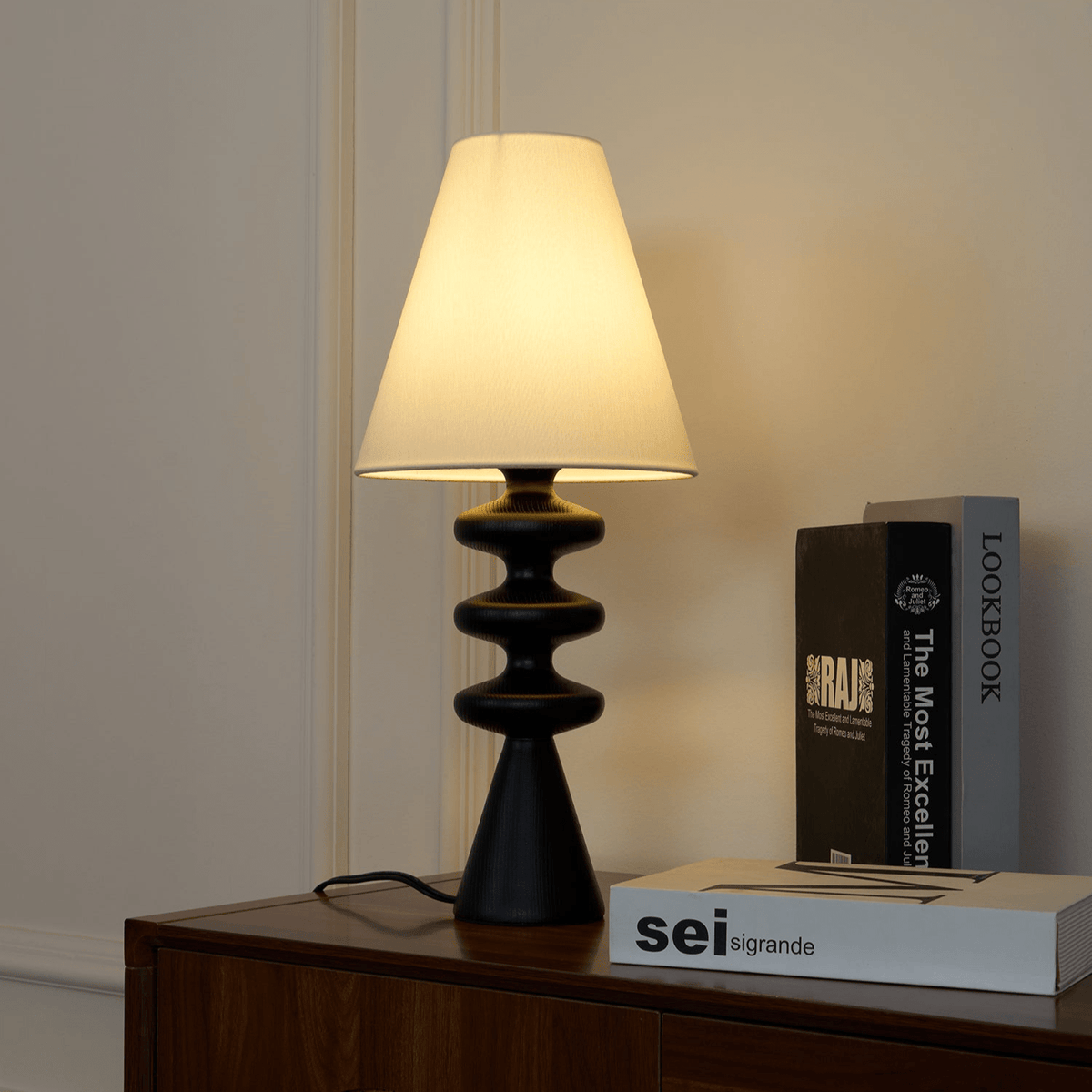 Table Lamp 19.7 Inches Ripple Carved Wood Base Fabric Shade
