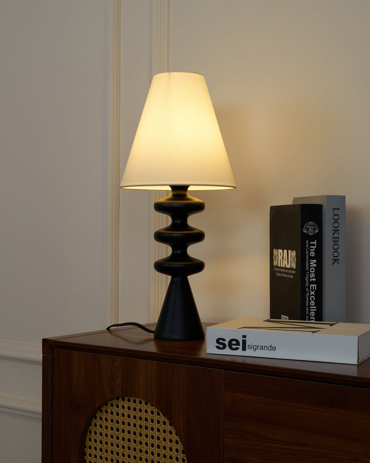 Table Lamp 19.7 Inches Ripple Carved Wood Base Fabric Shade