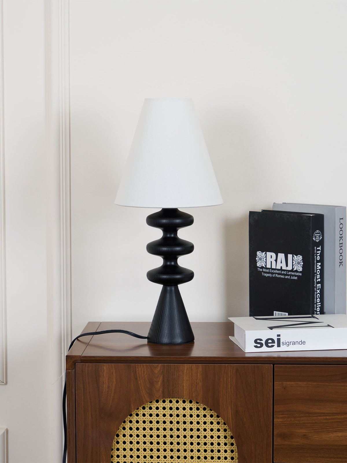 Table Lamp 19.7 Inches Ripple Carved Wood Base Fabric Shade