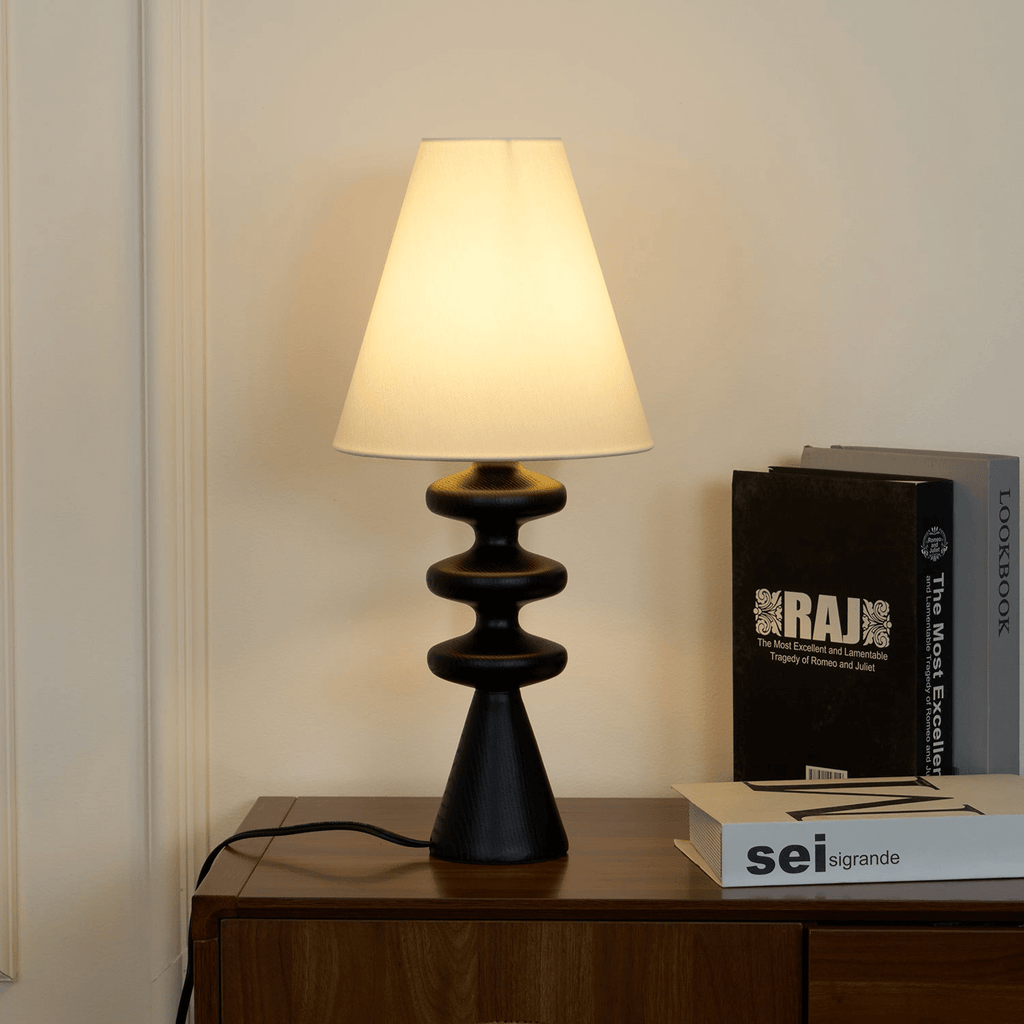 Table Lamp 19.7 Inches Ripple Carved Wood Base Fabric Shade