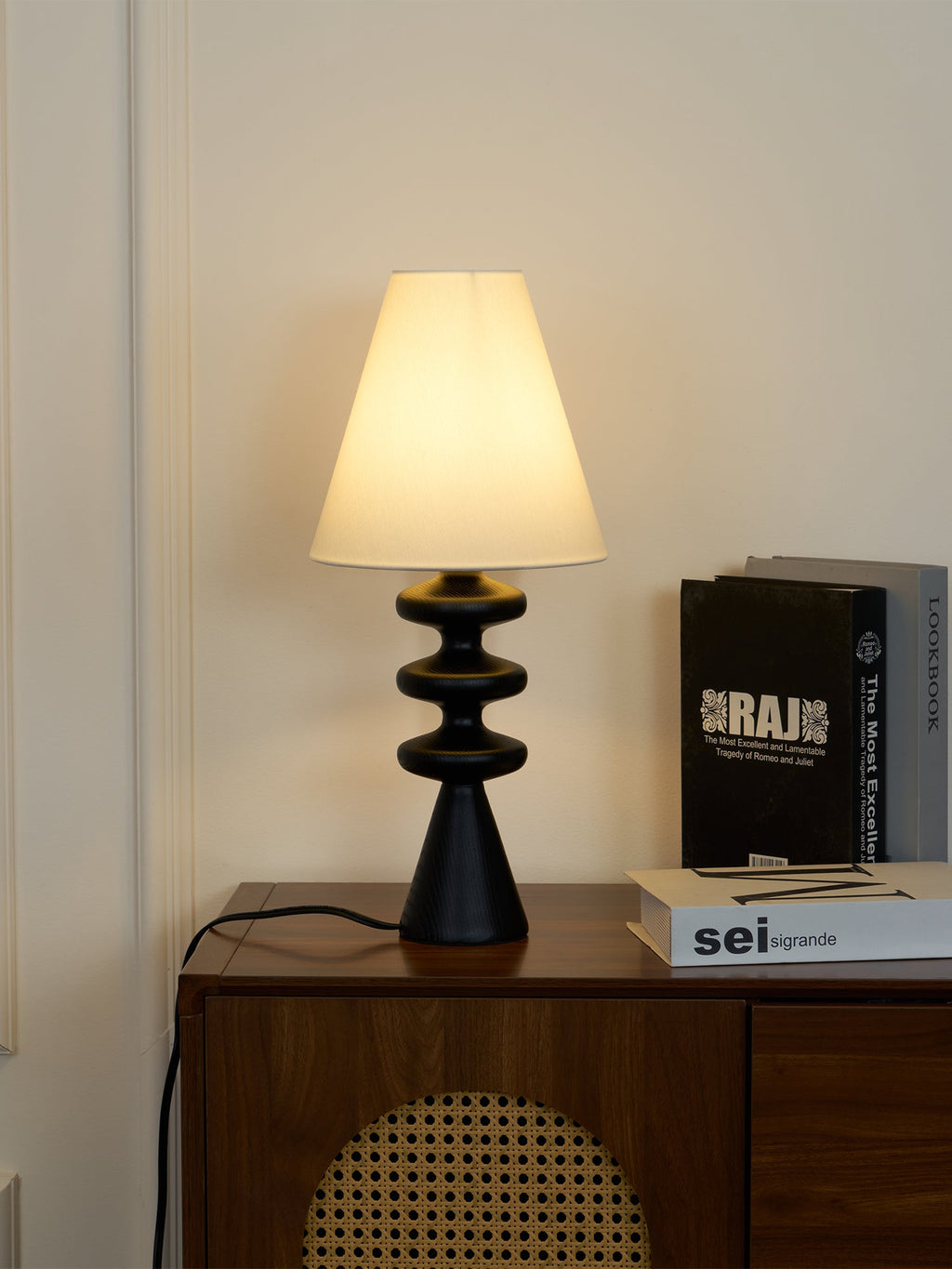 Table Lamp 19.7 Inches Ripple Carved Wood Base Fabric Shade
