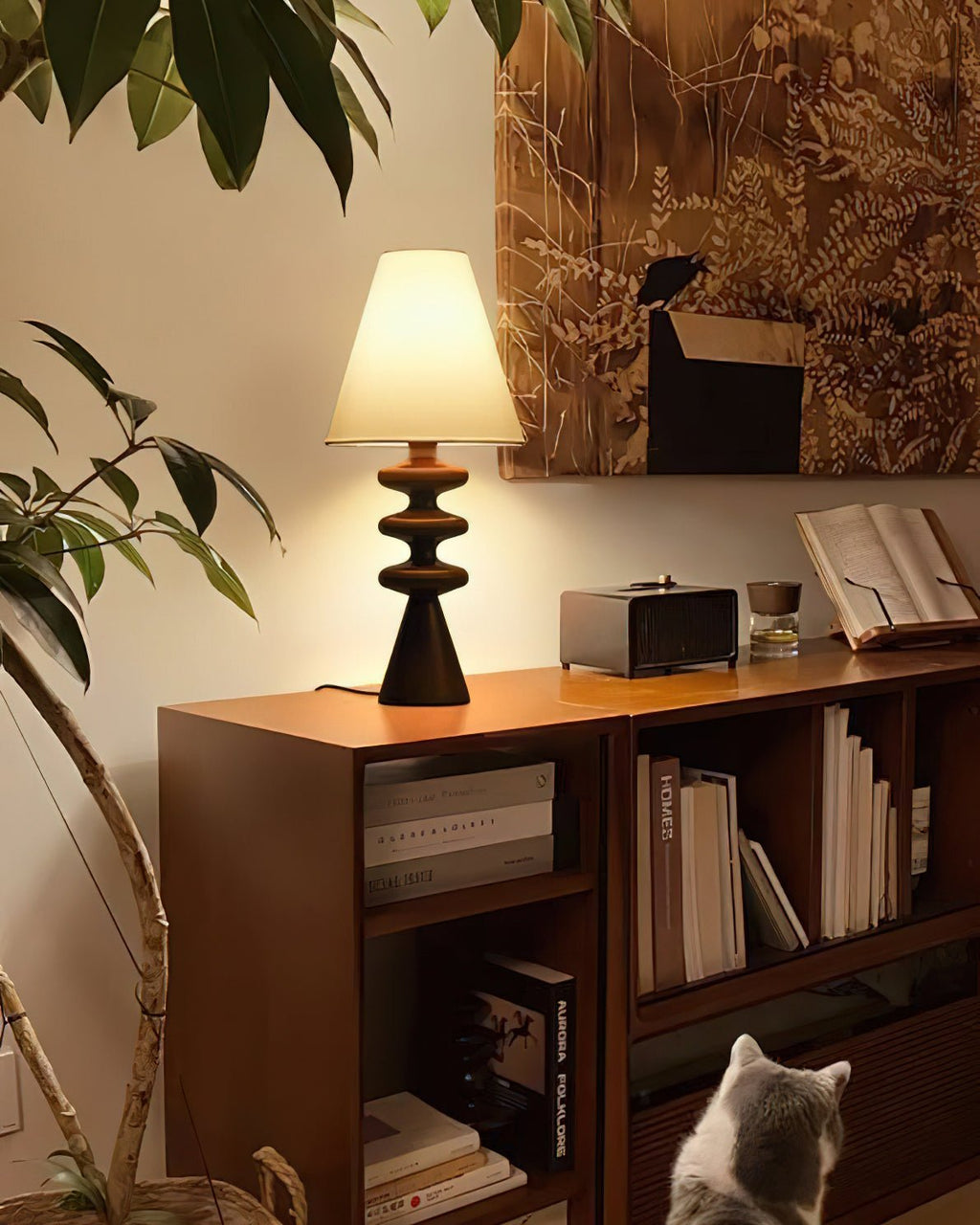 Table Lamp 19.7 Inches Ripple Carved Wood Base Fabric Shade