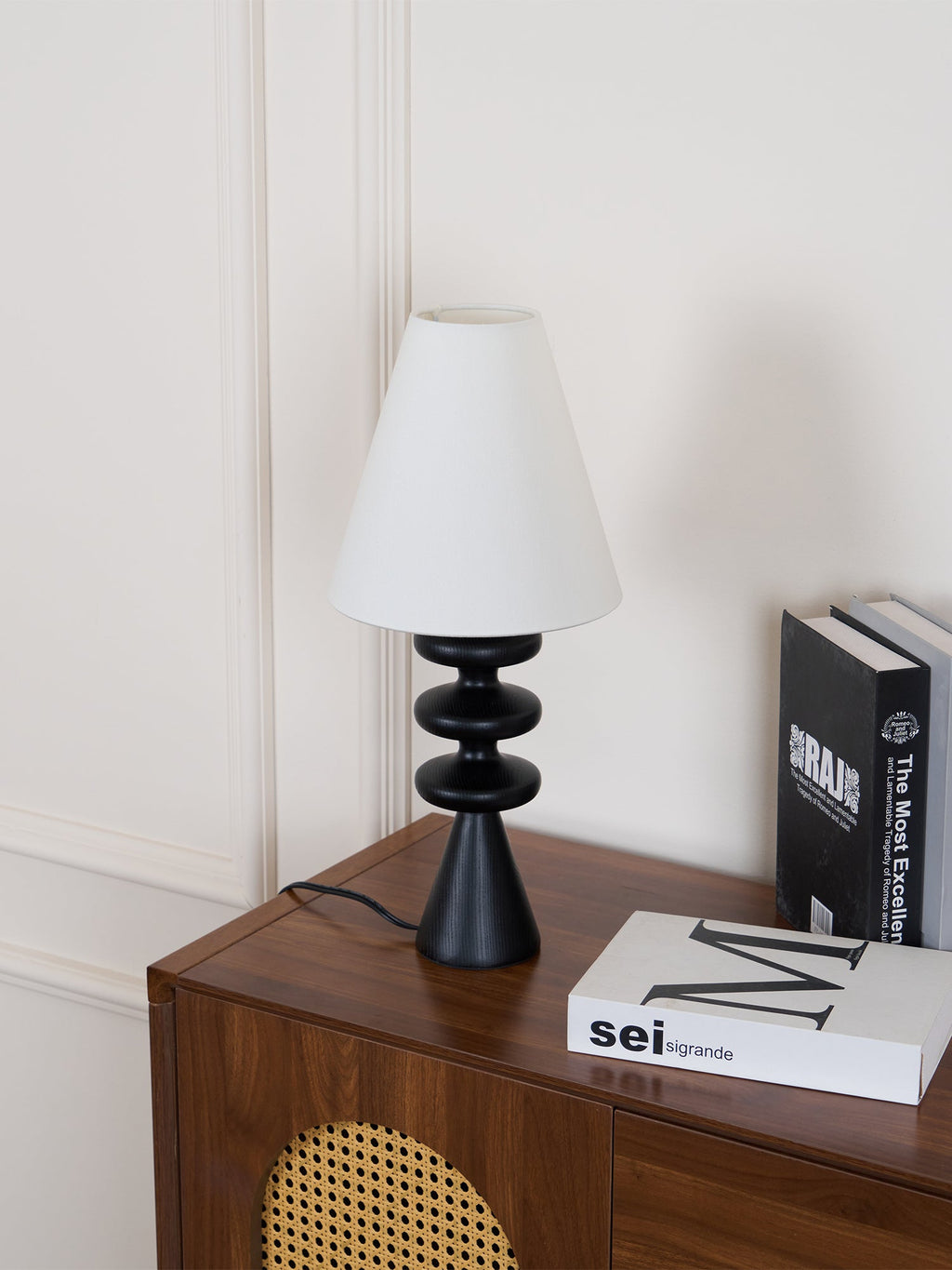 Table Lamp 19.7 Inches Ripple Carved Wood Base Fabric Shade