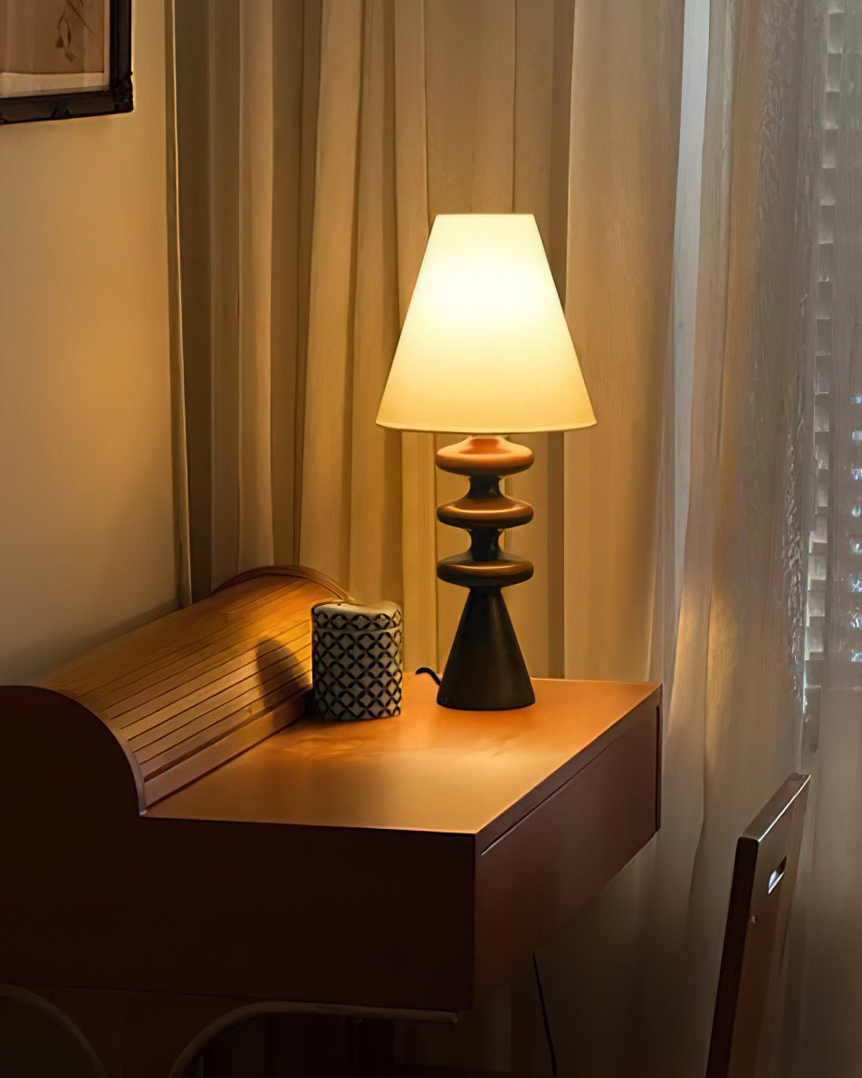Table Lamp 19.7 Inches Ripple Carved Wood Base Fabric Shade