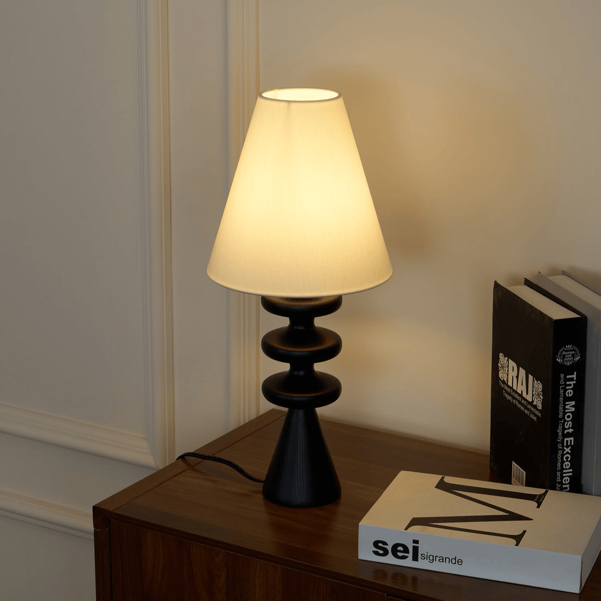 Table Lamp 19.7 Inches Ripple Carved Wood Base Fabric Shade