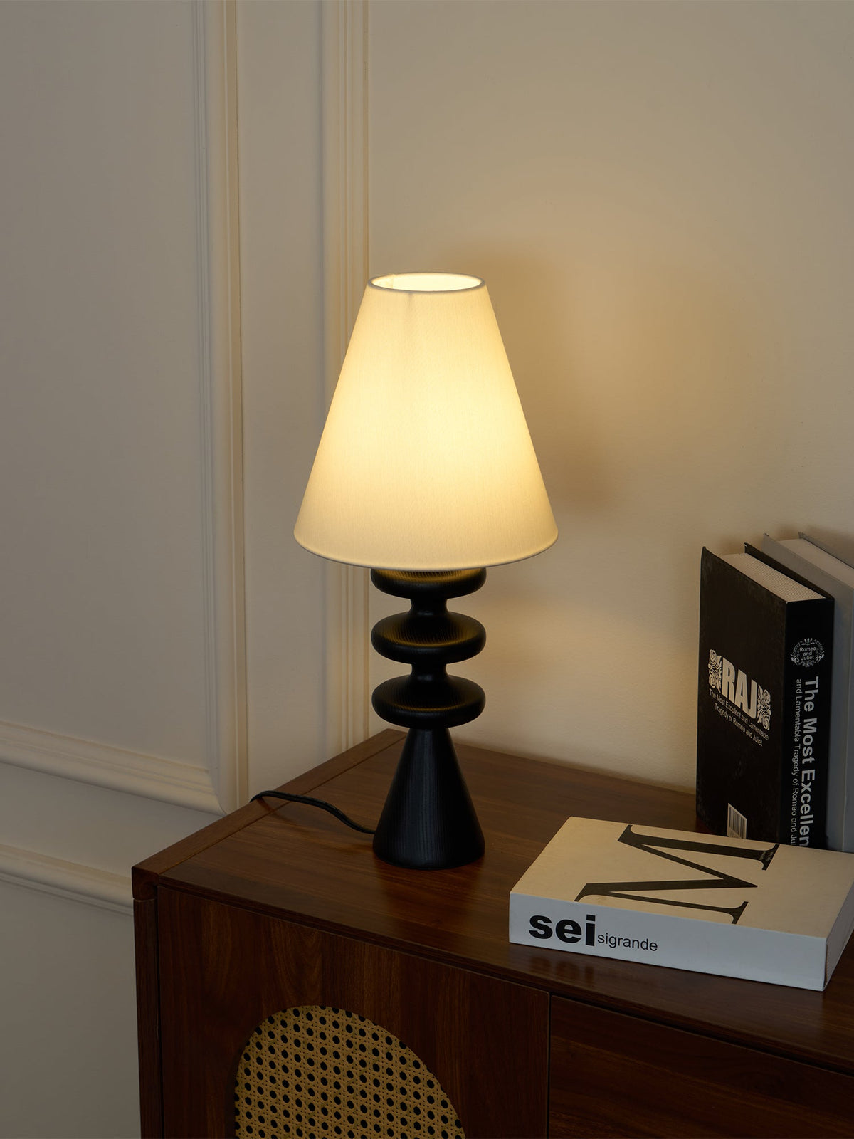 Table Lamp 19.7 Inches Ripple Carved Wood Base Fabric Shade