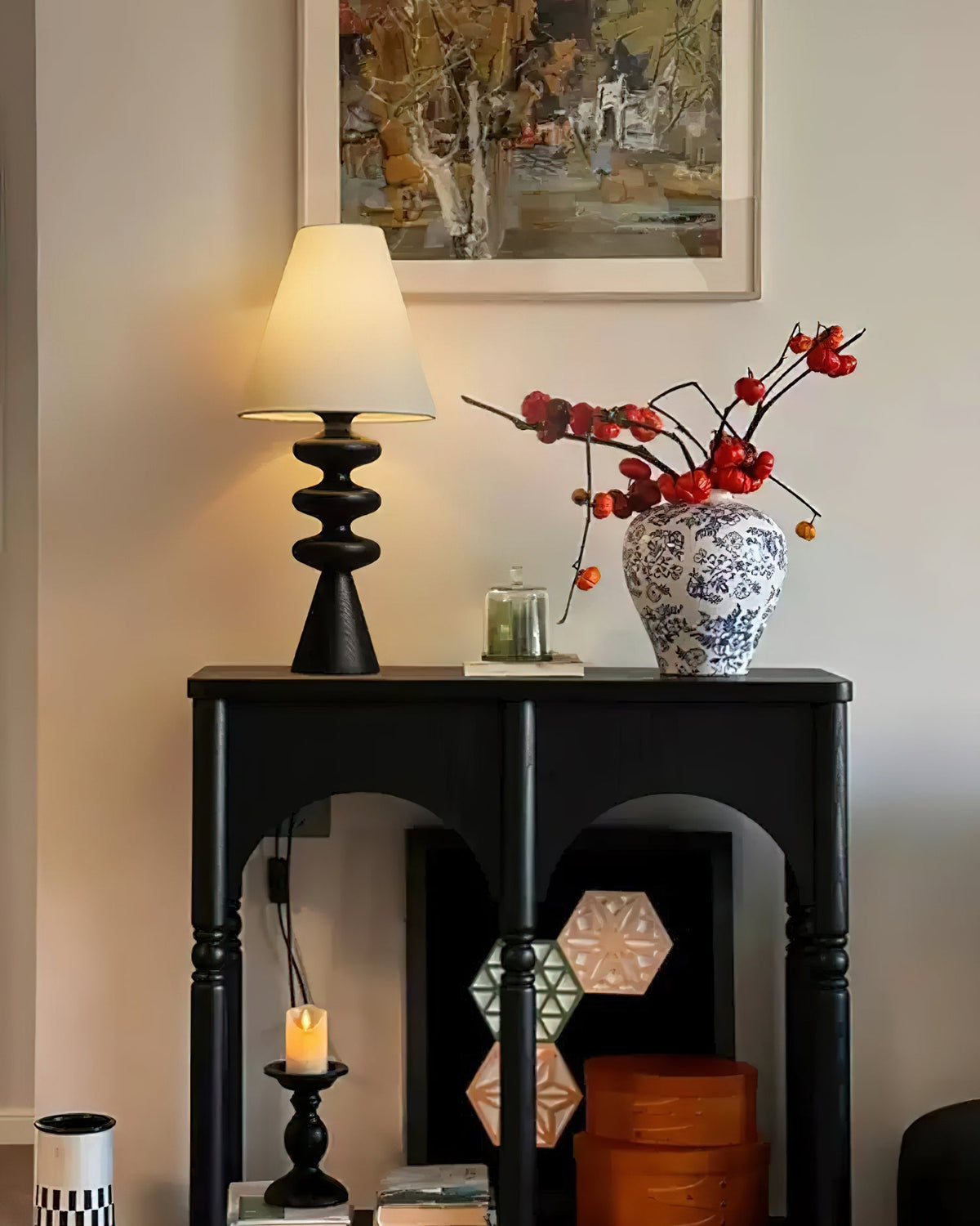 Table Lamp 19.7 Inches Ripple Carved Wood Base Fabric Shade