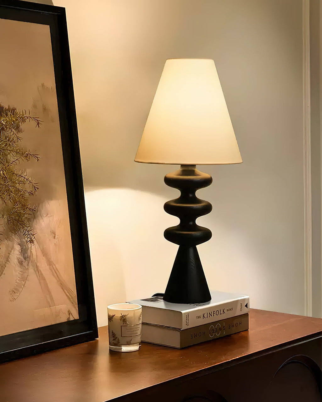 Table Lamp 19.7 Inches Ripple Carved Wood Base Fabric Shade